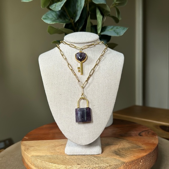 Hand Crafted Jewelry - Amethyst Crystal Lock & Key Set Paper Clip Chain Necklace